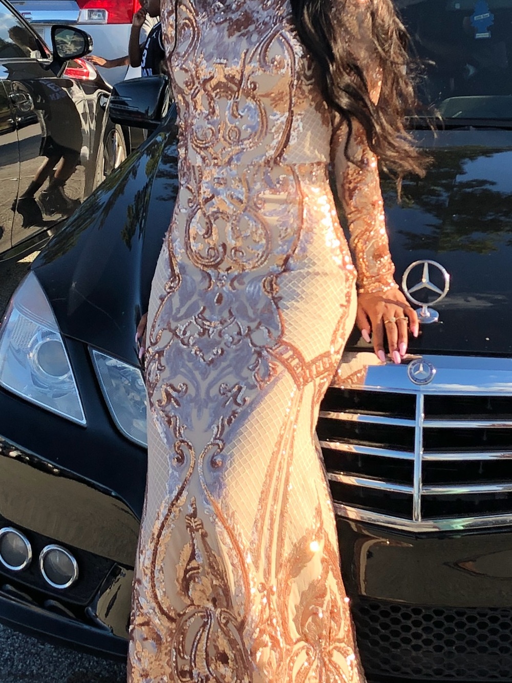Macy's Rose Gold Sequin Long Sleeve Evening Gown